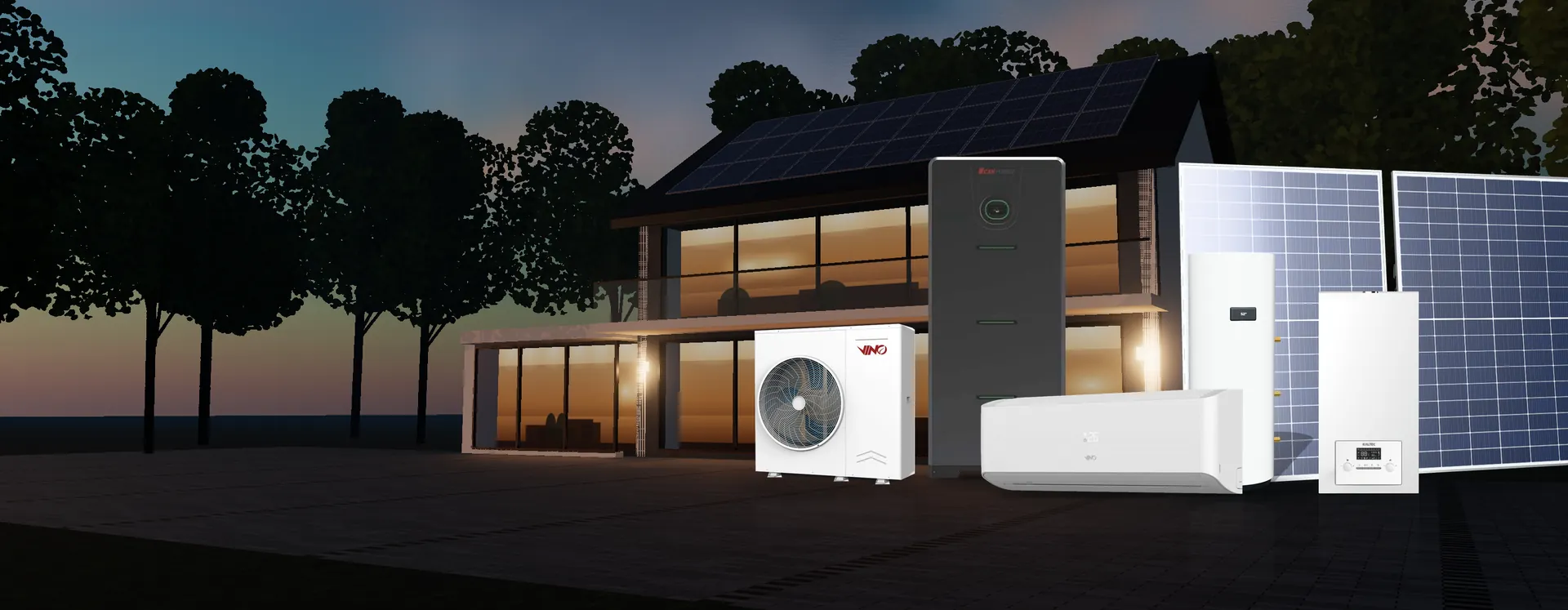 Casa con impianto fotovoltaico al tramonto e prodotti VINO, UCanPower e Kaltec in primo piano