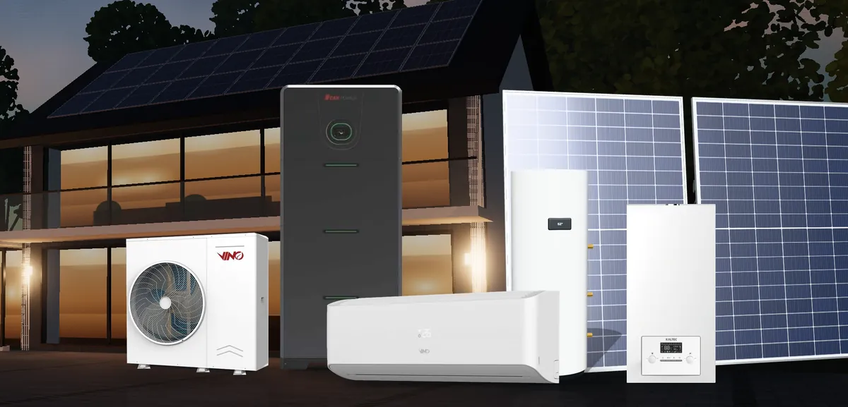 Pompa di calore e climatizzatore VINO, accumulo UCanPower, bollitore, caldaia Kaltec e moduli fotovoltaici